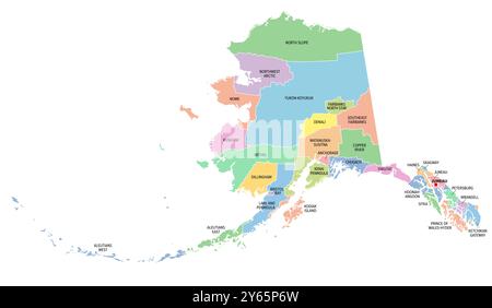 Alaska, stato degli Stati Uniti, suddiviso in 19 quartieri organizzati e 11 aree di censimento, mappa politica multicolore. Foto Stock