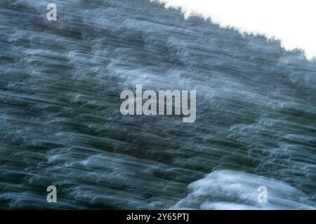 Immagine astratta che cattura l'effetto sfocato di una foresta innevata in inverno la sfocatura in movimento crea un'impressione dinamica e artistica della natura Foto Stock