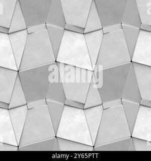 Questa illustrazione presenta un pattern geometrico 3D senza cuciture composto da triangoli e trapezoidi con interblocco in varie tonalità trapezoidali del monochro Foto Stock