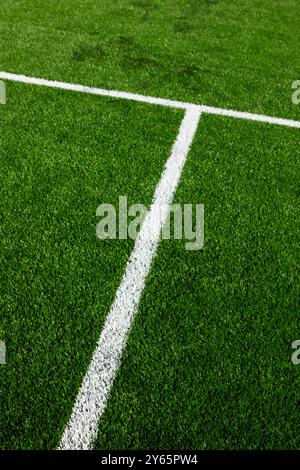 Questa immagine presenta un primo piano dell'erba verde sintetica e delle linee bianche nitide di un campo da calcio, evidenziando i motivi geometrici e la consistenza Foto Stock