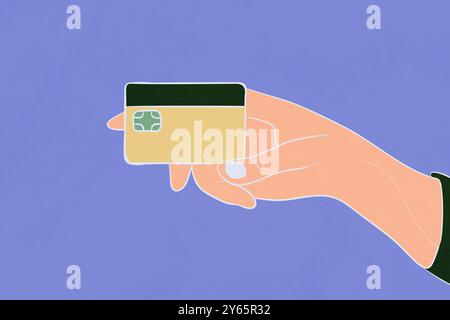 Una semplice illustrazione di una mano che regge delicatamente una carta di credito dorata e nera su un morbido sfondo viola, perfetta per temi finanziari Foto Stock