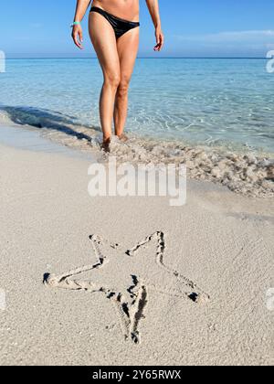 Vista posteriore di una donna irriconoscibile in bikini che cammina verso il mare su una spiaggia sabbiosa a Varadero, Cuba, con una stella marina tirata sulla sabbia. Foto Stock