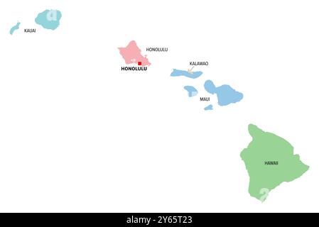 Hawaii, Stati Uniti, mappa politica multicolore con la capitale Honolulu. Stato insulare degli Stati Uniti nel Pacifico, suddiviso in 5 contee. Foto Stock