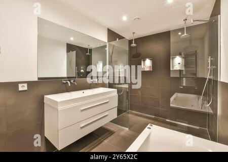 Un bagno moderno, spazioso ed elegante, con finiture eleganti, grande specchio e tonalità neutre Foto Stock