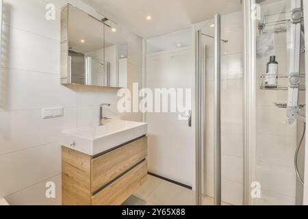 Bagno moderno con elegante lavabo, armadietto a specchio e box doccia in vetro. Foto Stock