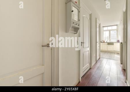 Un accogliente corridoio che conduce ad una cucina ben illuminata con pavimento in legno e porte bianche. Foto Stock