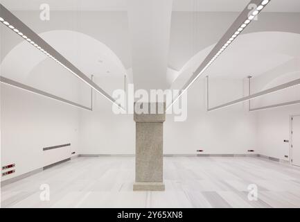 Spazio ufficio spazioso e minimalista con linee eleganti, pavimenti in marmo e illuminazione moderna, pronto per essere personalizzato. Foto Stock