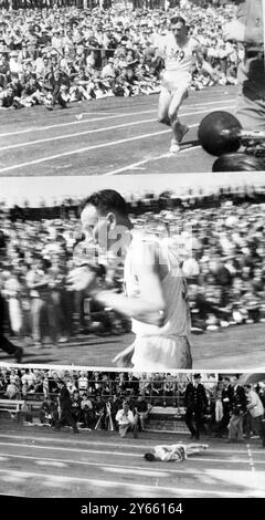 L'agonia del maratoneta Jim Peters mentre si reca nello stadio ai Giochi dell'Impero britannico e del Commonwealth del 7 agosto 1954 Foto Stock