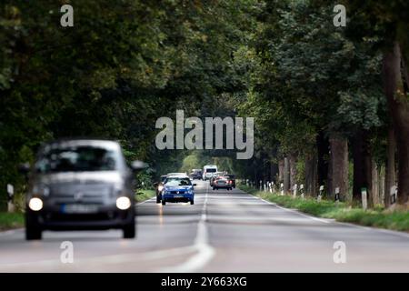 Autos fahren auf einer Landstraße bei Köln. für die Berechnung der Pendlerpauschale gilt seit dem 01. Januar 2022 ein Betrag von 0,30 Euro pro chilometro. AB dem 21. Chilometro dorato a Betrag von 0,38 euro. Themenbild, Symbolbild Köln, 24.09.2024 NRW Deutschland *** Auto che viaggiano su una strada di campagna vicino a Colonia dal 1 gennaio 2022, un importo di 0,30 euro per chilometro è stato utilizzato per calcolare l'indennità per pendolari dal 21° chilometro, un importo di 0,38 euro si applica immagine a tema, immagine simbolica Colonia, 24 09 2024 NRW Germania Copyright: XChristophxHardtx Foto Stock