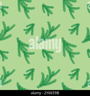 Motivo festivo senza cuciture di rami di pino su sfondo verde chiaro. Ideale per le feste, le decorazioni natalizie e i design stagionali. Illustrazione Vettoriale