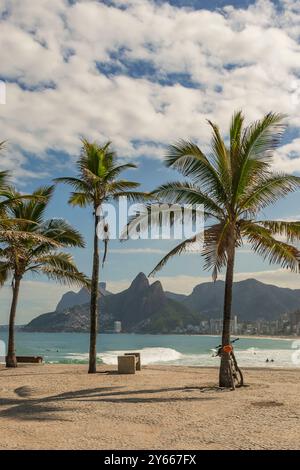 Rio de janeiro, Brasile. La spiaggia di Leblon e la collina di Dois Irmãos sono visibili da piazza Millor ad Arpoador con le palme in una giornata di sole. Foto Stock