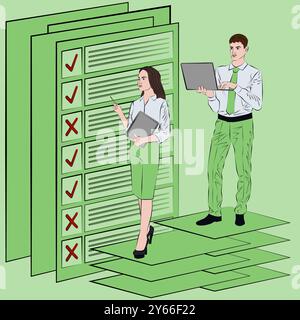 I risultati del sondaggio tra uomini e donne consentono di identificare e comprendere i problemi del processo decisionale. Concetto di business. Illustrazione vettoriale. Illustrazione Vettoriale