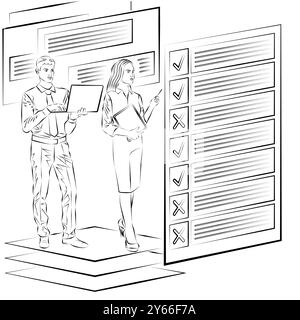 I risultati del sondaggio tra uomini e donne consentono di identificare e comprendere i problemi del processo decisionale. Concetto di business. Schizzo. Illustrazione vettoriale. Illustrazione Vettoriale