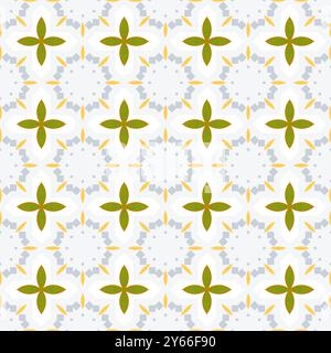 Motivo geometrico senza cuciture con motivi floreali in verde e giallo su sfondo chiaro. Foto Stock