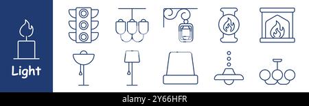 Icona Set di luci. Candela, semaforo, lampadario, lampada a sospensione, caminetto, piantana, lampada da tavolo, plafoniera, lampada a sospensione, candelabro Illustrazione Vettoriale
