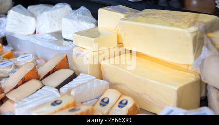 Vari tipi di formaggio in vendita in uno stallo del mercato. Vari tipi di formaggio in vendita in uno stallo del mercato. Mercato di Haagse a l'Aia, Paesi Bassi. Latticini, formaggio di capra e cottage, Brie, Camembert. paesi bassi l'aia mercato B97A6995 Foto Stock