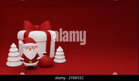 Babbo Natale e una confezione regalo bianca con un fiocco rosso si trovano su uno sfondo rosso. Carattere allegro. Il concetto di un banner natalizio con uno spazio di copia. Ve. 3D. Illustrazione Vettoriale