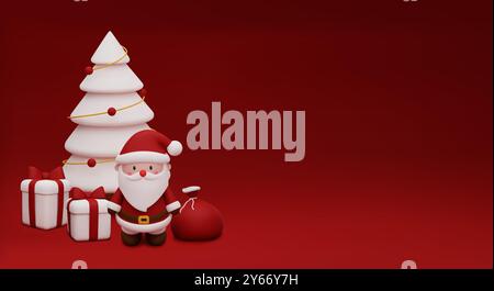 Un albero di Natale bianco e un grazioso Babbo Natale con borsa regalo rossa si trovano su uno sfondo rosso. Design natalizio. Modello di un biglietto di Natale con uno spazio di copia Illustrazione Vettoriale