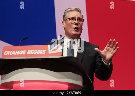 Liverpool, Regno Unito. 24 settembre 2024. Il primo ministro britannico Keir Starmer tiene il suo discorso alla Conferenza del Partito Laburista 2024 a Liverpool martedì 24 settembre 2024. Foto di Hugo Philpott/UPI credito: UPI/Alamy Live News Foto Stock