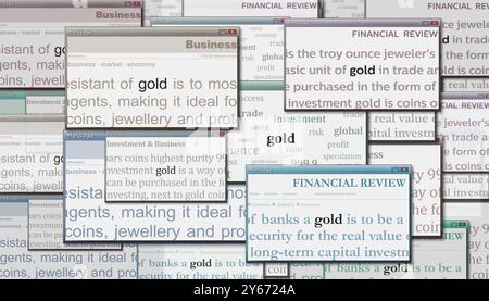 Notizie principali sugli investimenti in Gold Savings sui media internazionali. Concetto astratto di titoli di notizie su display rumorosi. Illustrazione 3d con effetto glitch TV. Foto Stock