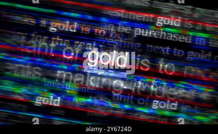 Notizie principali sugli investimenti in Gold Savings sui media internazionali. Concetto astratto di titoli di notizie su display rumorosi. Illustrazione 3d con effetto glitch TV. Foto Stock