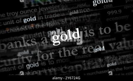 Notizie principali sugli investimenti in Gold Savings sui media internazionali. Concetto astratto di titoli di notizie su display rumorosi. Illustrazione 3d con effetto glitch TV. Foto Stock