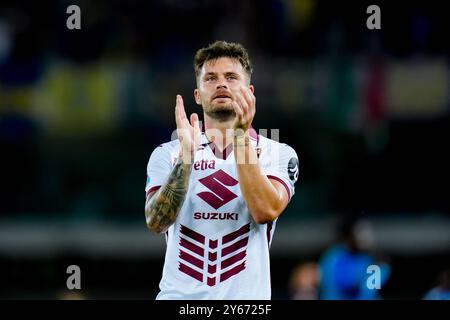 Verona, Italia. 20 settembre 2024. Karol Linetty del Torino FC gesti durante la partita di serie A Enilive tra Hellas Verona e Torino FC allo Stadio Marcantonio Bentegodi il 20 settembre 2024 a Verona. Crediti: Giuseppe Maffia/Alamy Live News Foto Stock