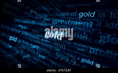 Notizie principali sugli investimenti in Gold Savings sui media internazionali. Concetto astratto di titoli di notizie su display rumorosi. Illustrazione 3d con effetto glitch TV. Foto Stock