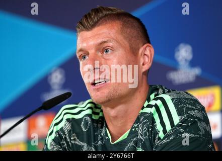 Foto del fascicolo datato 08-05-2023 di Toni Kroos, che ha espresso le sue frustrazioni dopo che un rapporto su Euro 2024 del Comitato degli arbitri UEFA ha comunicato che i padroni di casa avrebbero dovuto essere penalizzati per pallamano nella loro sconfitta ai quarti di finale da parte della Spagna. Data di pubblicazione: Martedì 24 settembre 2024. Foto Stock