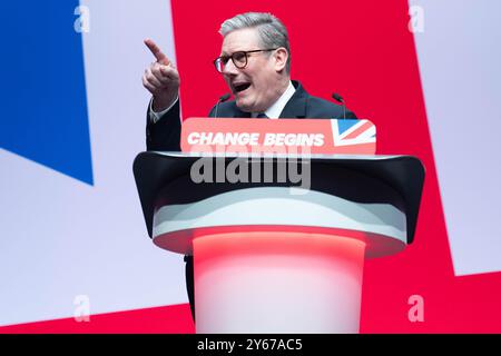 Il primo ministro Keir Starmer tiene il suo discorso di apertura alla Conferenza del Partito Laburista a Liverpool. Data foto: Martedì 24 settembre 2024. Foto Stock