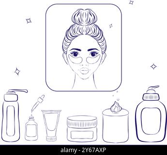 Set di icone per la rimozione del trucco e la cura della pelle. Stile semplice del contorno. Viso, bellezza, salute, donna, sano, maschera, pulita, ragazza, concetto di pulizia. Co. Estetico Illustrazione Vettoriale
