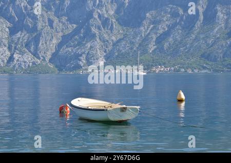 Idilliaco paesaggio marino estivo con una barca da pesca vuota su un mare calmo con sfondo di montagna; pace e relax, Baia di Cattaro, Montenegro, Europa. Foto Stock