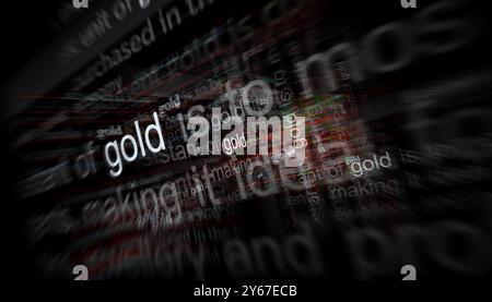 Notizie principali sugli investimenti in Gold Savings sui media internazionali. Concetto astratto di titoli di notizie su display rumorosi. Illustrazione 3d con effetto glitch TV. Foto Stock