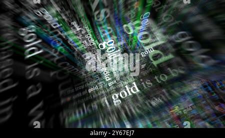 Notizie principali sugli investimenti in Gold Savings sui media internazionali. Concetto astratto di titoli di notizie su display rumorosi. Illustrazione 3d con effetto glitch TV. Foto Stock