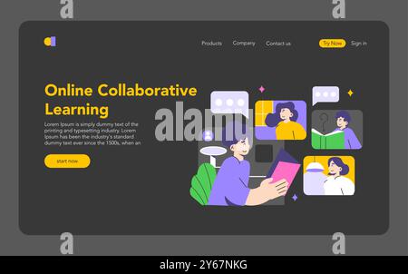 Concetto di apprendimento collaborativo. Gli studenti si impegnano in un'istruzione online interattiva. Moderna piattaforma di e-learning per la crescita accademica. Illustrazione vettoriale. Illustrazione Vettoriale
