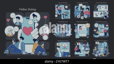 Set di incontri online. Moderne esperienze di abbinamento rappresentate in diversi scenari. INTELLIGENZA ARTIFICIALE, videochiamate e riunioni di realtà virtuale. Illustrazione vettoriale. Illustrazione Vettoriale