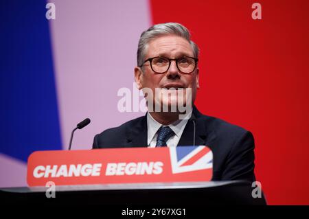 Liverpool, Regno Unito. 24 settembre 2024. Keir Starmer tiene il suo primo discorso come primo ministro alla Conferenza del Partito Laburista a Liverpool Credit: Karl Black/Alamy Live News Foto Stock