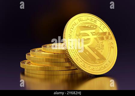 Valuta cripto moneta d'oro della rupia indiana digitale - rappresentazione dell'illustrazione 3D. Foto Stock