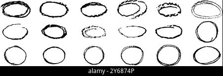 I cerchi di evidenziazione della matita nera. Pastello con ellissi scritte a mano in stile doodle. Telai sottili ruvidi rotondi disegnati da bambini. Raccolta vettoriale di rotondi a mano libera Illustrazione Vettoriale