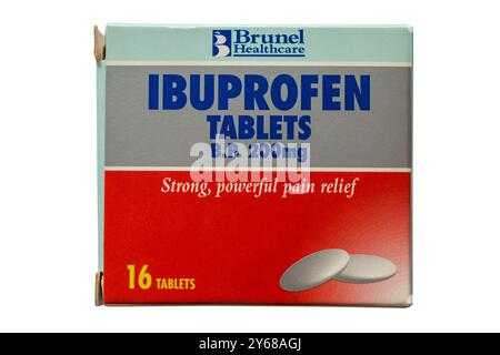 Scatola di cappellini di ibuprofene 200mg di Brunel Healthcare forte e potente sollievo dal dolore isolato su sfondo bianco Foto Stock