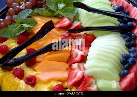 Vista dall'alto primo piano del vassoio di frutta con meloni a fette, fragole, anguria, cantaloupe, uva e ananas. Pinze posizionate sopra per servire. Foto Stock