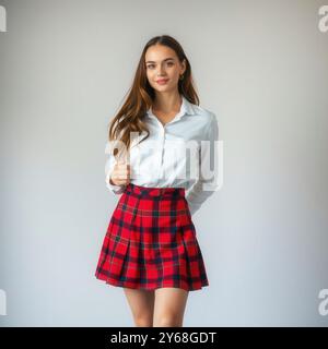 Giovane donna in camicia bianca con colletto e gonna a quadri che cammina nel campus scolastico - Back to School Vibe Foto Stock