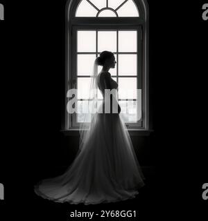 Silhouette monocromatica di una giovane donna in abito da sposa in piedi per finestra — Ritratto nuziale fine Art Foto Stock