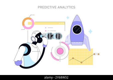 Concetto di intelligenza artificiale. Il robot che utilizza un telescopio accanto a un razzo rappresenta l'analisi predittiva nel business. Illustrazione vettoriale. Illustrazione Vettoriale