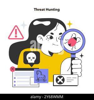 Caccia alle minacce informatiche. Pratica di ricerca proattiva di minacce informatiche che si nascondono in una rete senza essere rilevate. Il rilevamento di attacchi informatici ha evitato la difesa tradizionale. Illustrazione vettoriale piatta Illustrazione Vettoriale