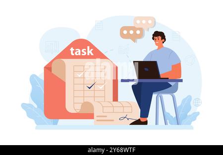 Lavoro ibrido. Personaggi con orari flessibili, che lavorano da casa e in ufficio. Telelavoro e outsourcing, lavoro dei dipendenti globalmente. Un'idea di nomade digitale o freelance. Illustrazione vettoriale piatta Illustrazione Vettoriale