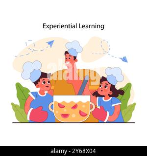 Pedagogia. Apprendimento esperienziale, metodo di educazione e istruzione dei bambini. I bambini delle scuole primarie acquisiscono conoscenze e competenze con la propria esperienza. Illustrazione vettoriale piatta Illustrazione Vettoriale