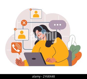 Lavoro ibrido. Personaggi con orari flessibili, che lavorano da casa e in ufficio. Telelavoro e outsourcing, lavoro dei dipendenti globalmente. Un'idea di nomade digitale o freelance. Illustrazione vettoriale piatta Illustrazione Vettoriale
