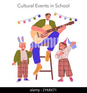 Concetto di professione dell'insegnante. Un educatore che suona la chitarra per i bambini durante una celebrazione scolastica, promuovendo lo sviluppo culturale. Illustrazione vettoriale. Illustrazione Vettoriale