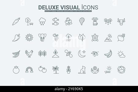 Raccolta biologica e bestiame, protezione degli animali, parco e alberi boschivi sottili simboli di contorno neri illustrazione vettoriale. Le icone della natura e dell'agricoltura, del bestiame agricolo e delle linee meteorologiche sono impostate. Illustrazione Vettoriale